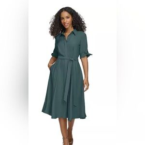 Calvin Klein Teal-Green Shirt Midi Dress with Tie Waist